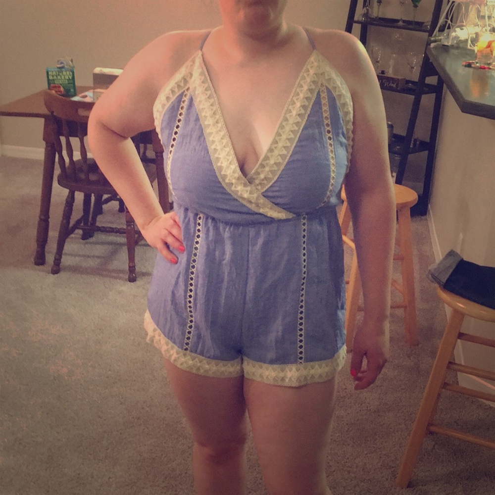 Blue and cream open back romper